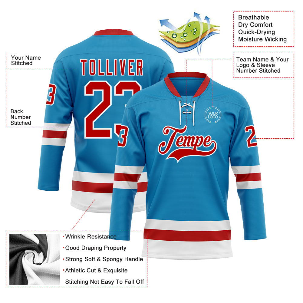 Custom Panther Blue Red-White Hockey Lace Neck Jersey view 3