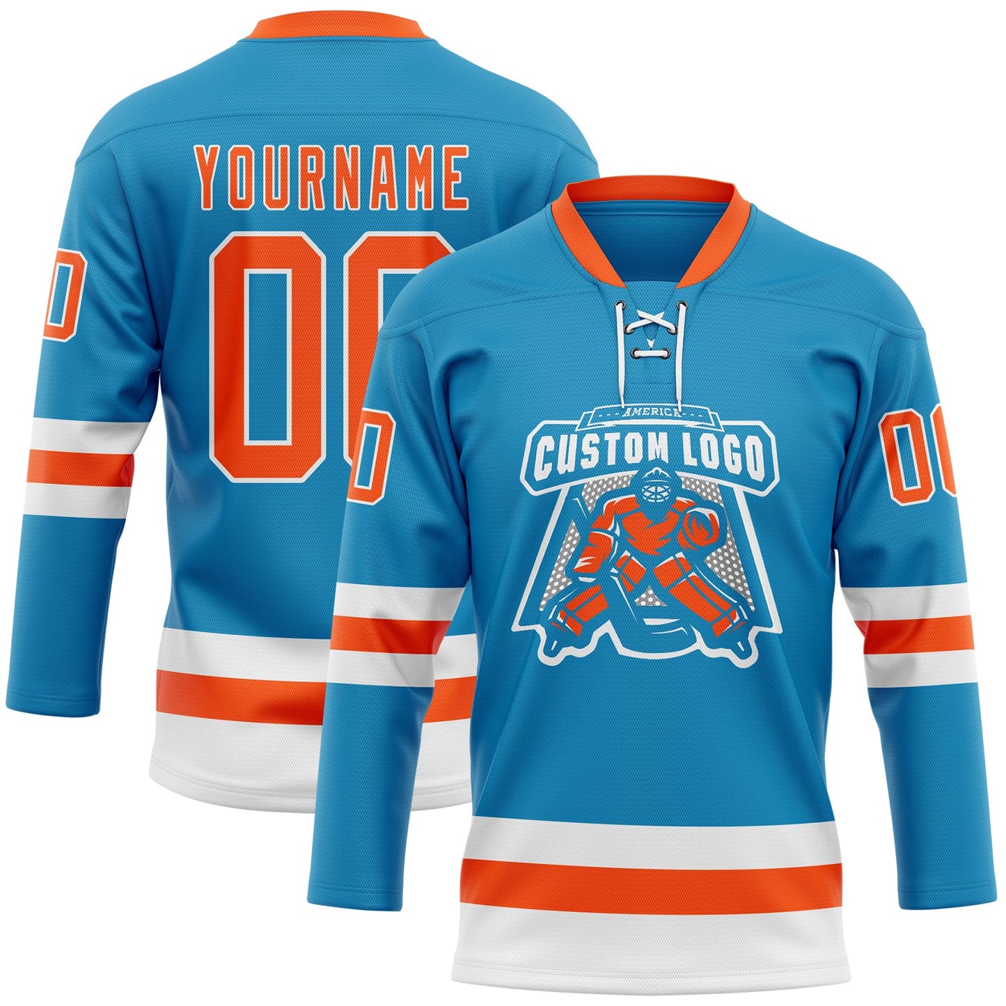 Custom Panther Blue Orange-White Hockey Lace Neck Jersey view 2