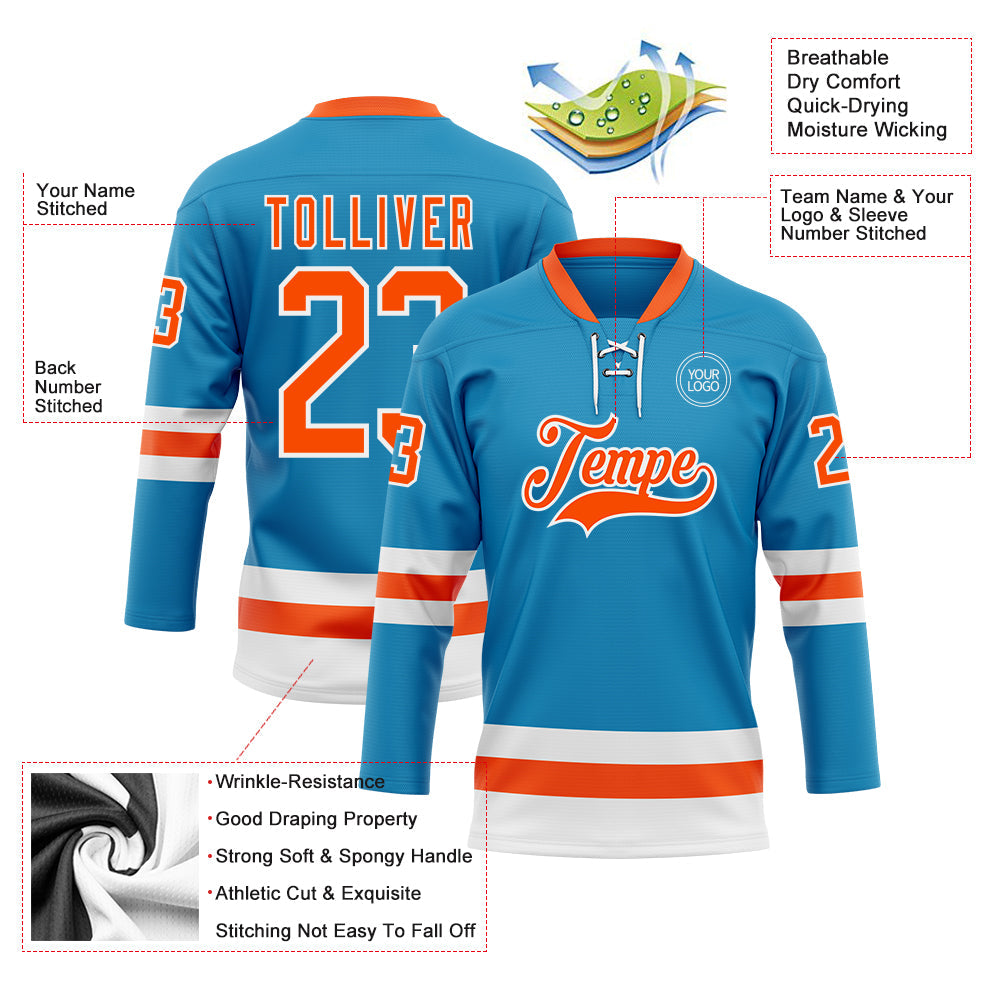 Custom Panther Blue Orange-White Hockey Lace Neck Jersey view 3