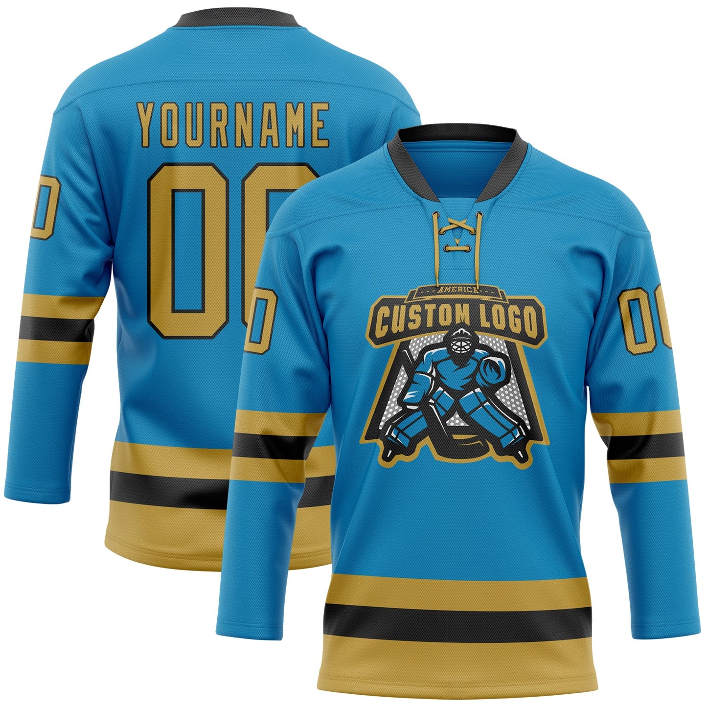 Custom Panther Blue Old Gold-Black Hockey Lace Neck Jersey view 2