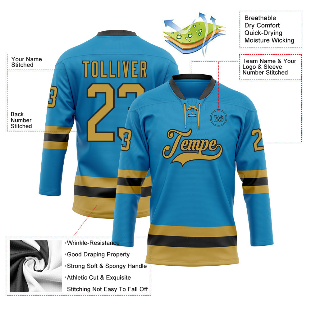 Custom Panther Blue Old Gold-Black Hockey Lace Neck Jersey view 3
