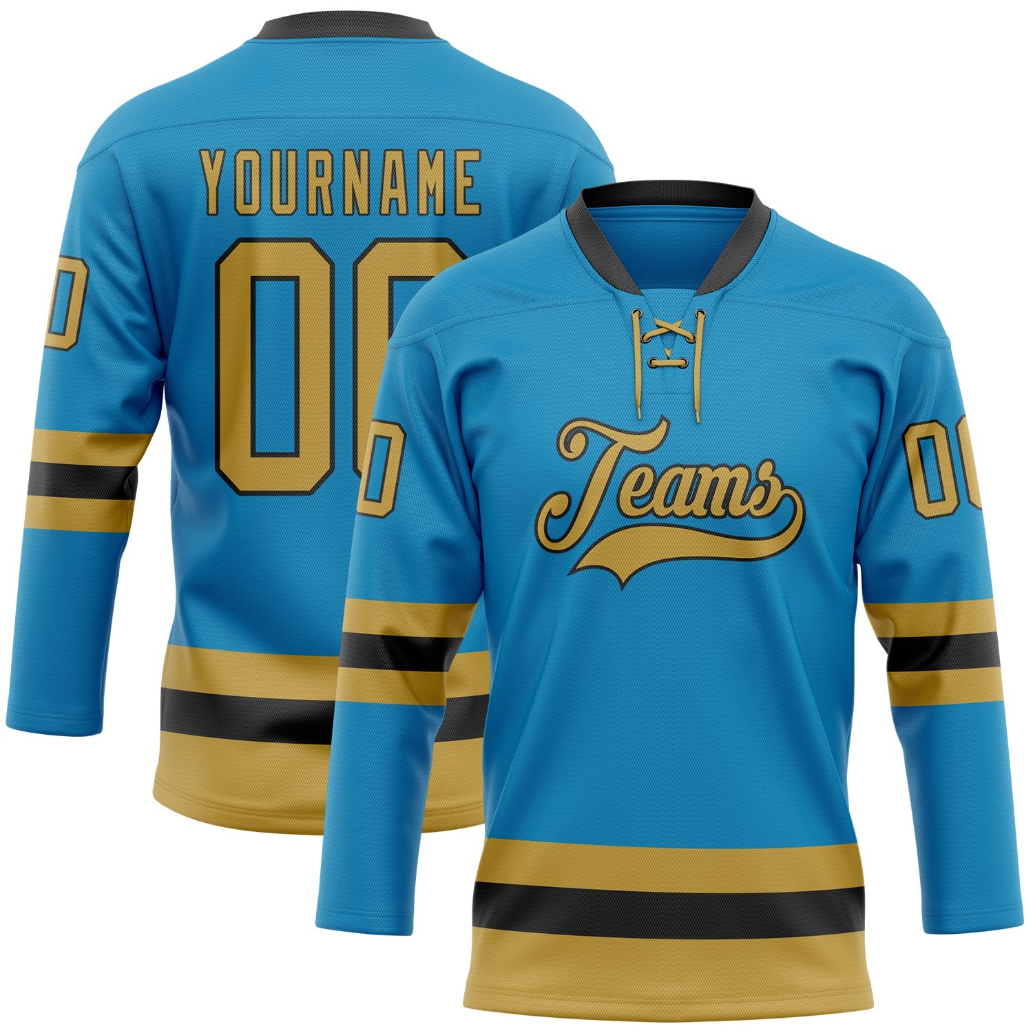 Custom Panther Blue Old Gold-Black Hockey Lace Neck Jersey - Main View