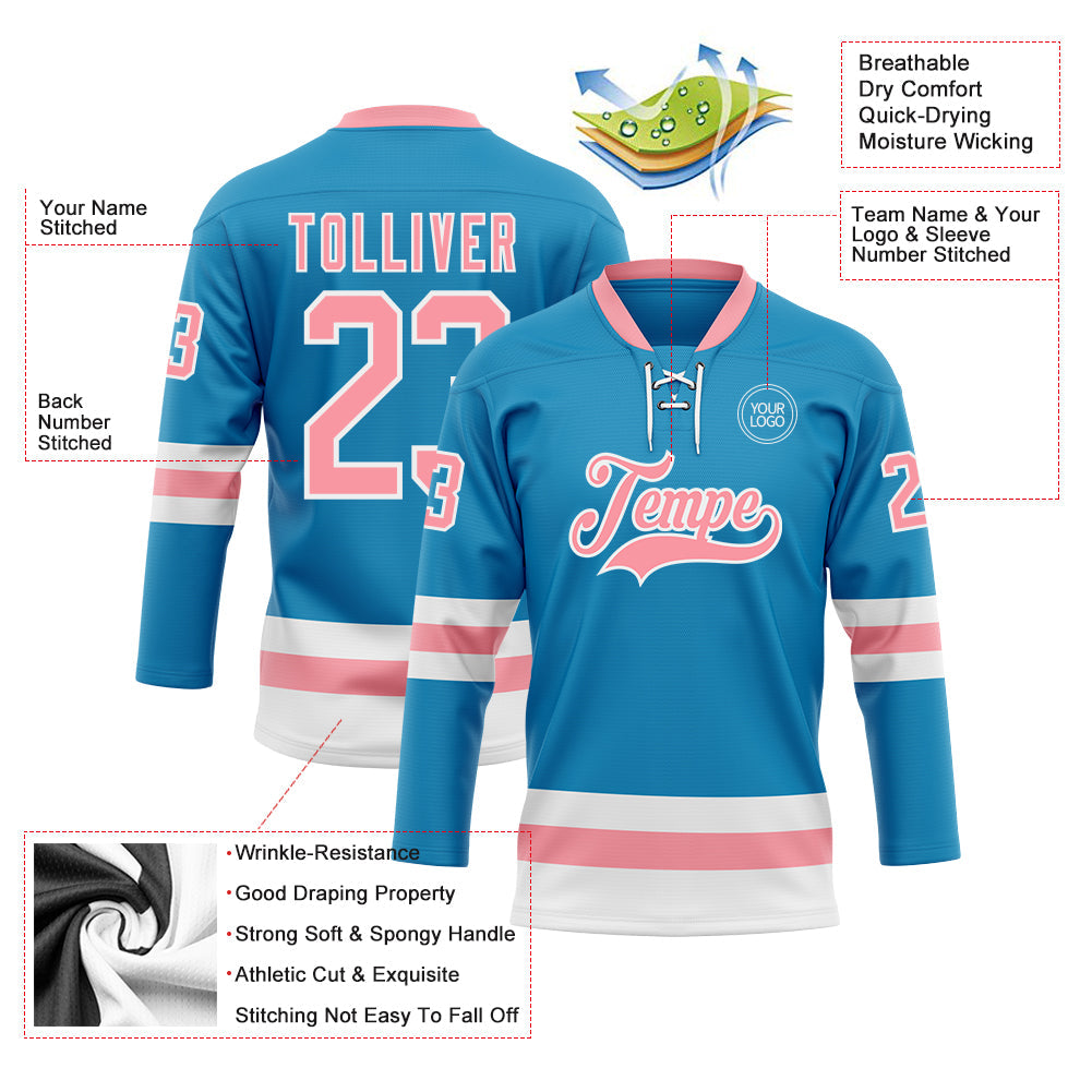 Custom Panther Blue Medium Pink-White Hockey Lace Neck Jersey view 3