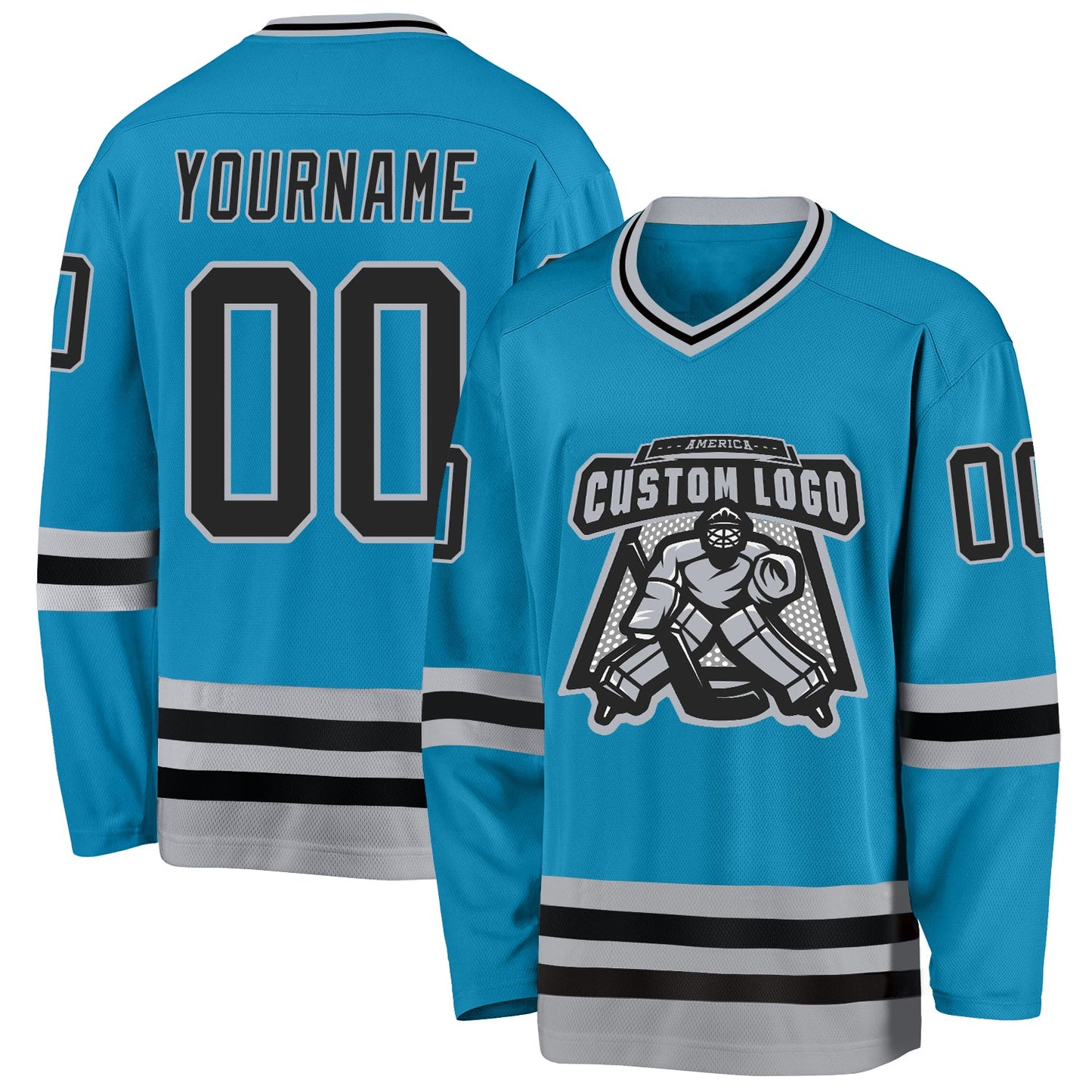 Custom Panther Blue Black-Gray Hockey Jersey view 2
