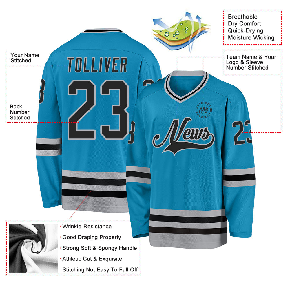 Custom Panther Blue Black-Gray Hockey Jersey view 3