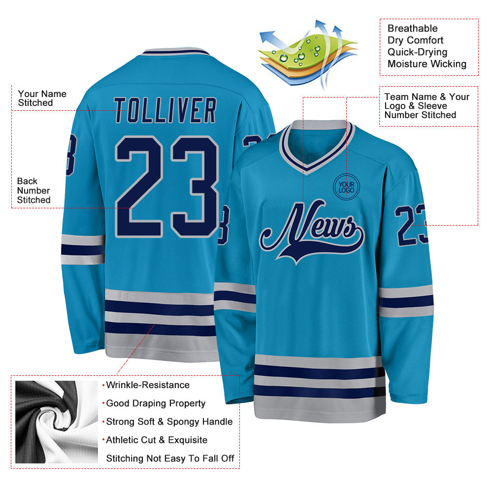 Custom Panther Blue Navy-Gray Hockey Jersey view 3