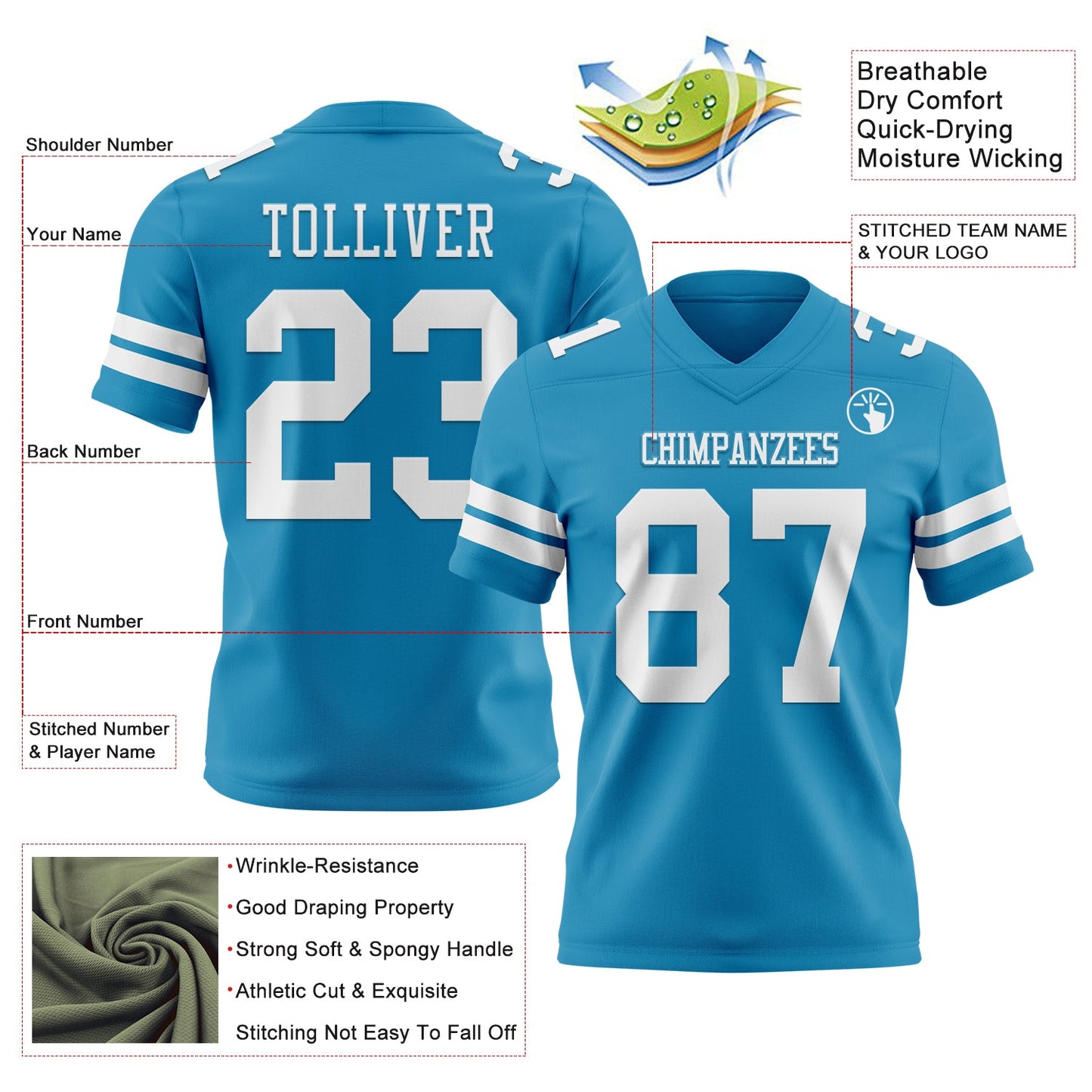 Custom Panther Blue White Authentic Football Jersey view 3