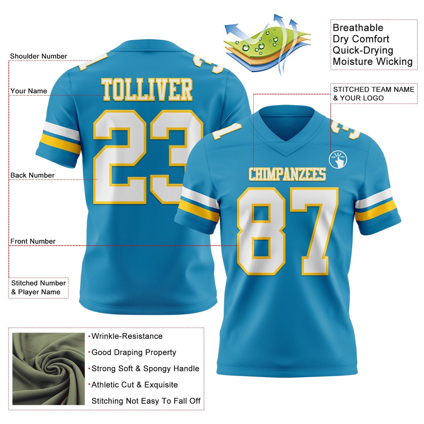 Custom Panther Blue White-Yellow Authentic Football Jersey view 3