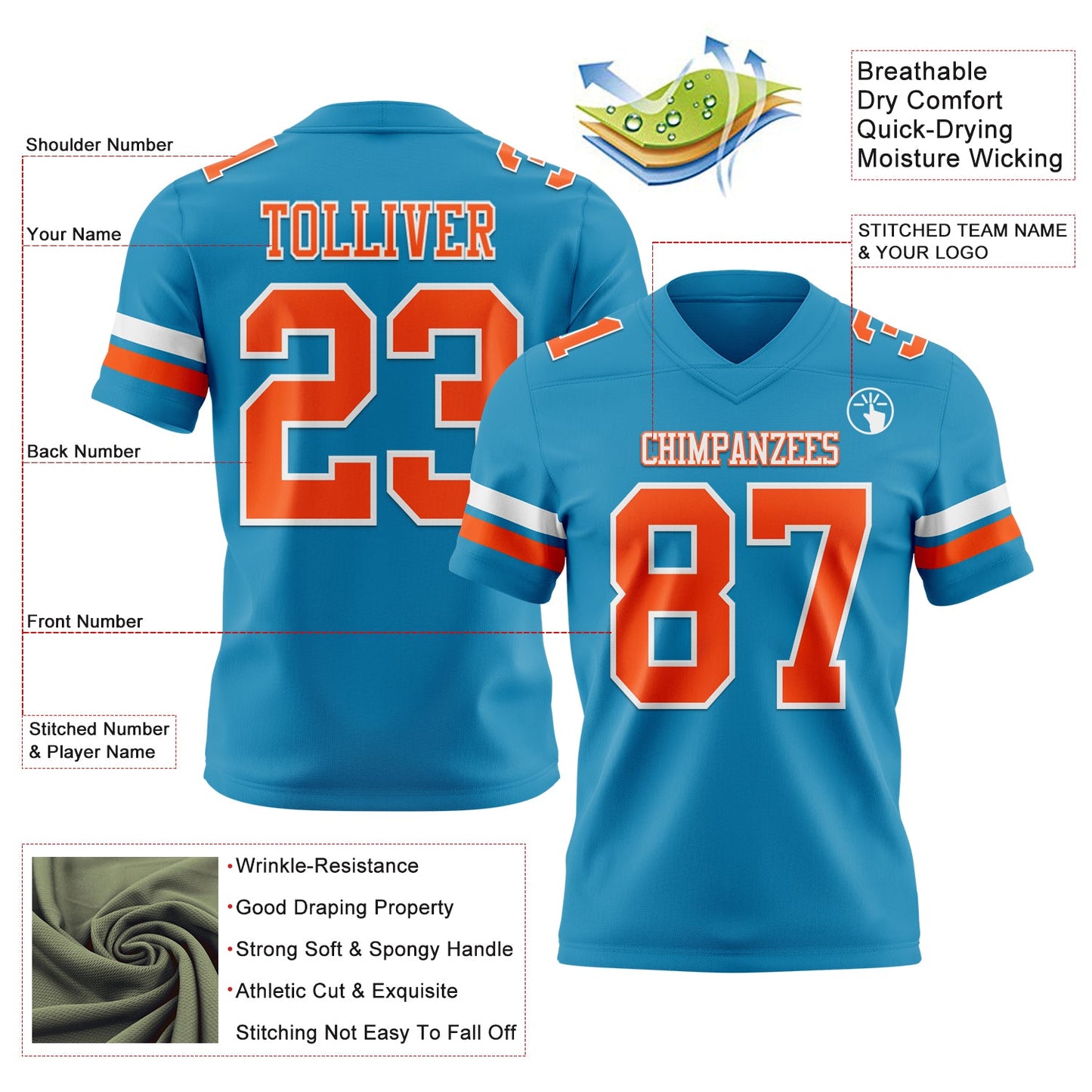 Custom Panther Blue Orange-White Authentic Football Jersey view 3
