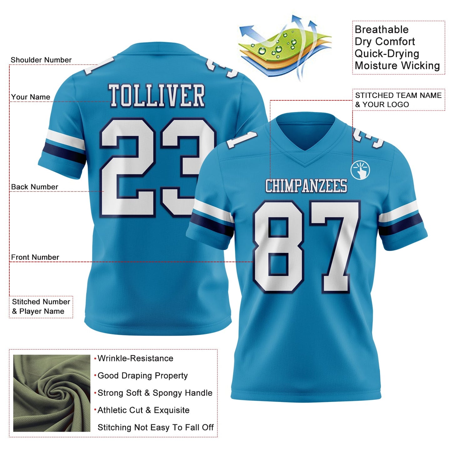Custom Panther Blue White-Navy Authentic Football Jersey view 3