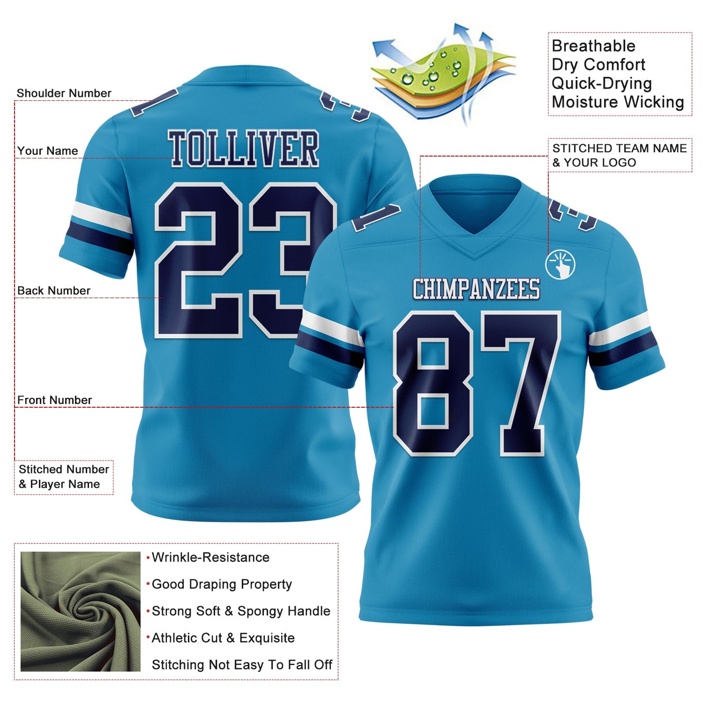 Custom Panther Blue Navy-White Authentic Football Jersey view 3