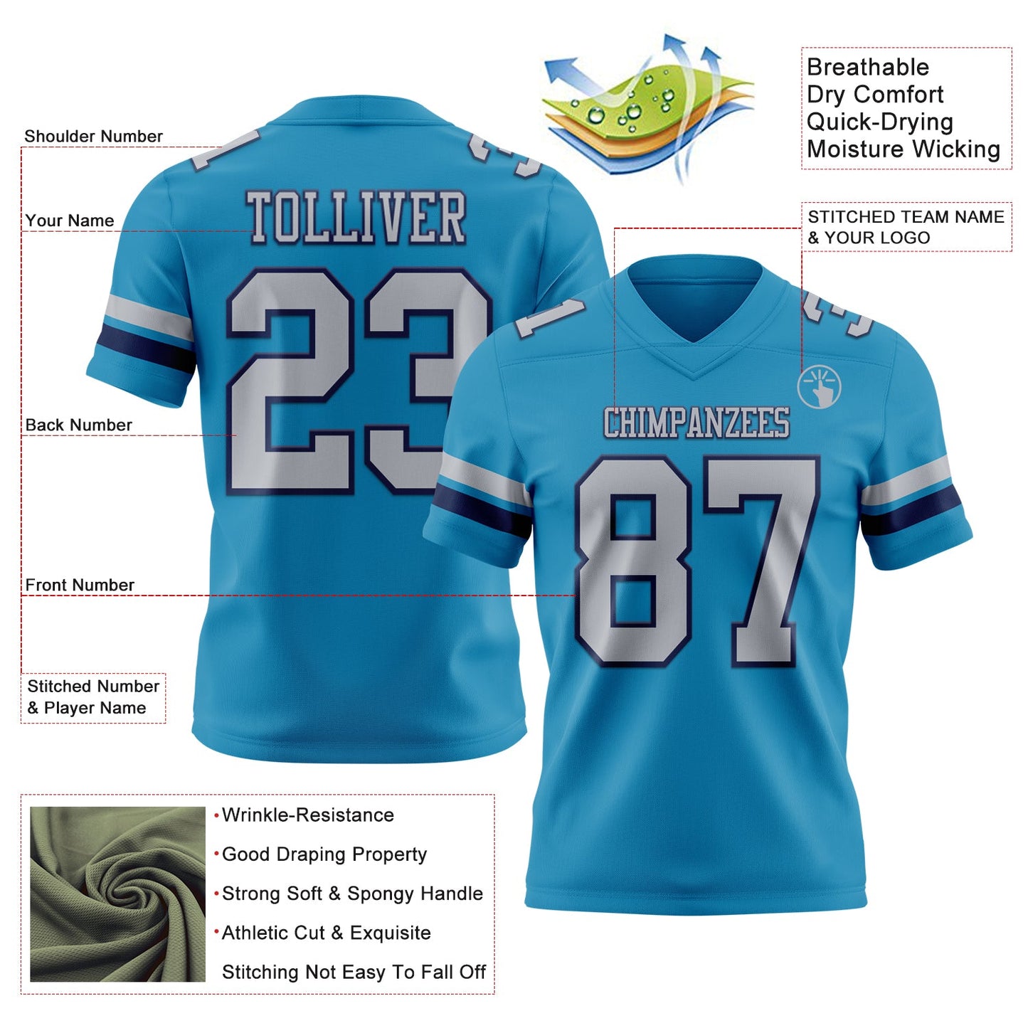 Custom Panther Blue Gray-Navy Authentic Football Jersey view 3