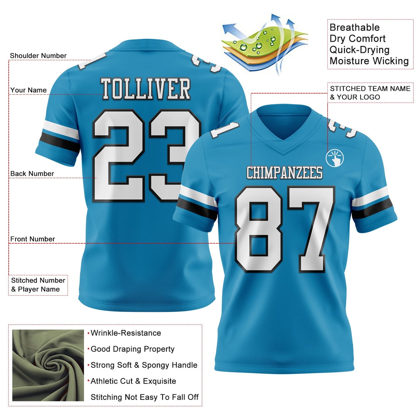Custom Panther Blue White-Black Authentic Football Jersey view 3