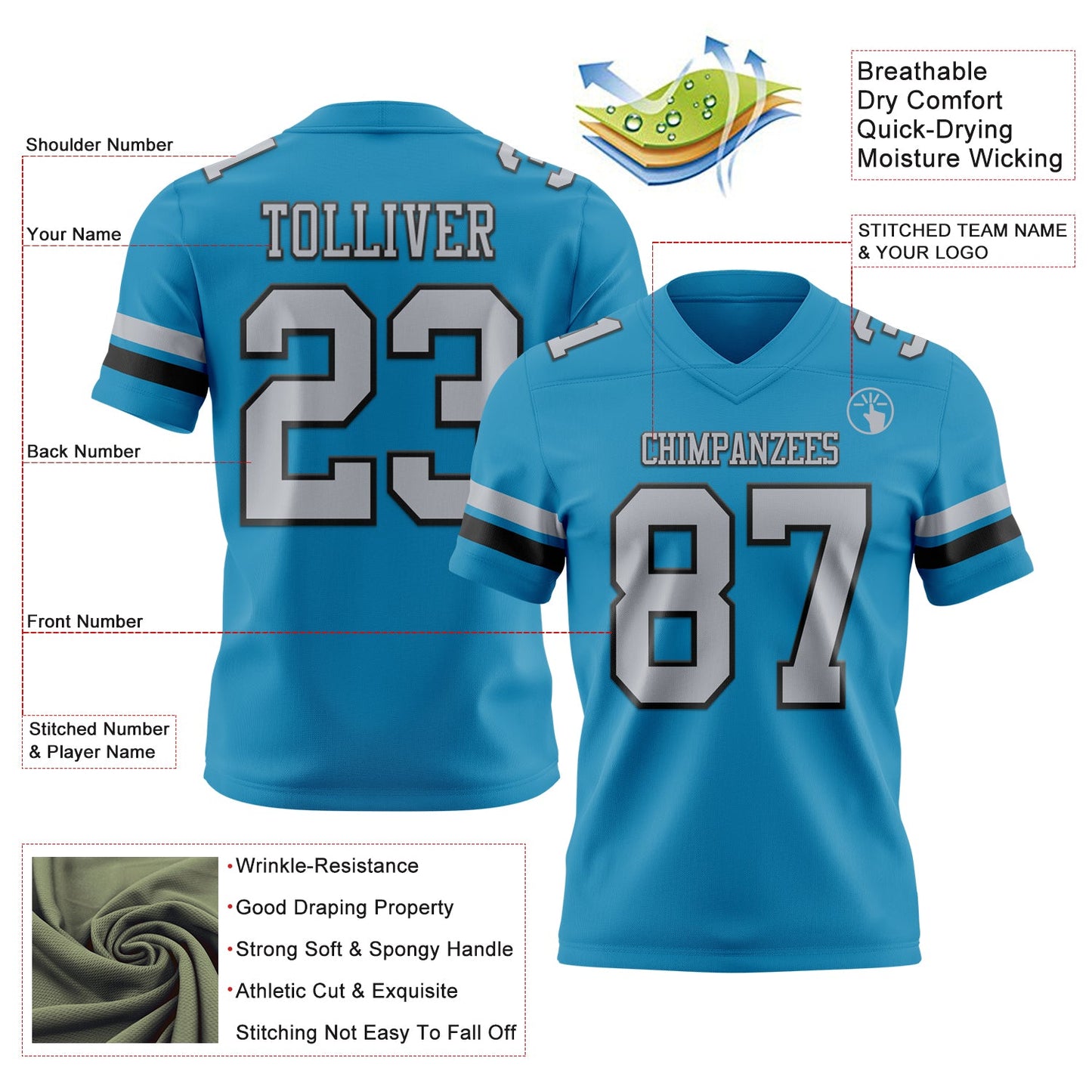 Custom Panther Blue Gray-Black Authentic Football Jersey view 3