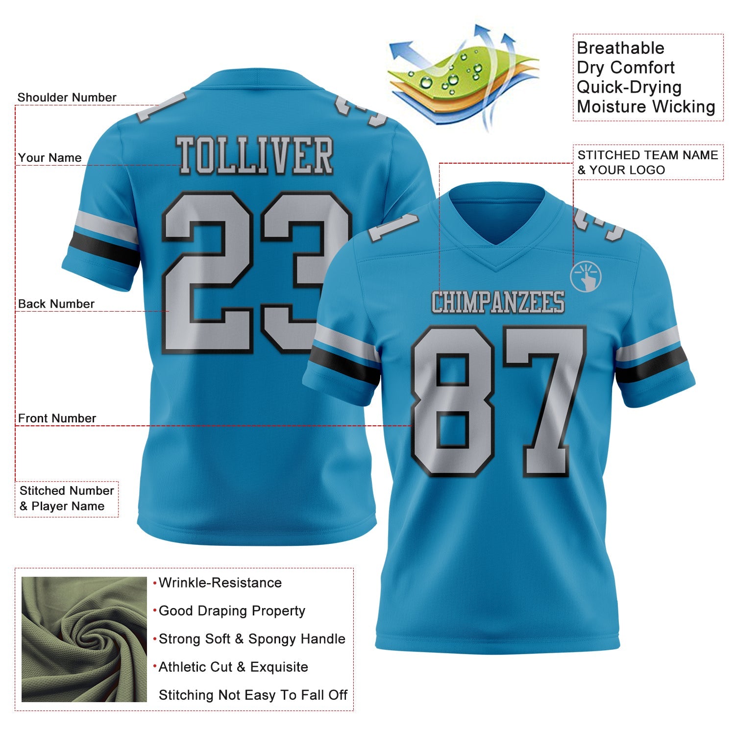 Custom Panther Blue Gray-Black Authentic Football Jersey view 3