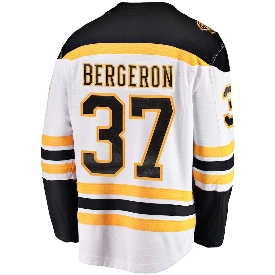 B.Bruins #37 Patrice Bergeron Fanatics Branded Away Captain Premier Breakaway Player Jersey White Black Stitched American Hockey Jerseys - Main View