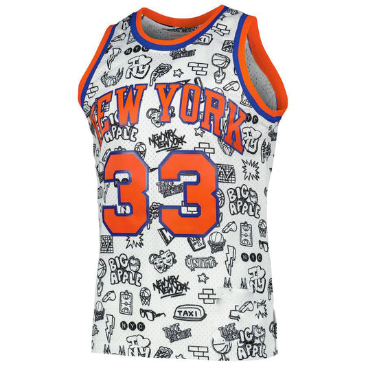 NY.Knicks #33 Patrick Ewing Mitchell & Ness 1991-92 Hardwood Classics Doodle Swingman Jersey White Stitched American Basketball Jersey - Main View