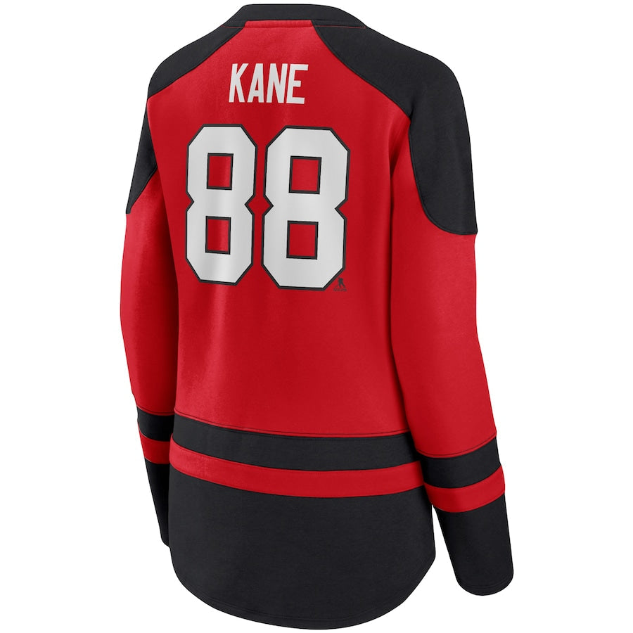 C.Blackhawks #88 Patrick Kane Fanatics Branded Lace-Up Raglan Sweatshirt Red Black Stitched American Hockey Jerseys - Main View