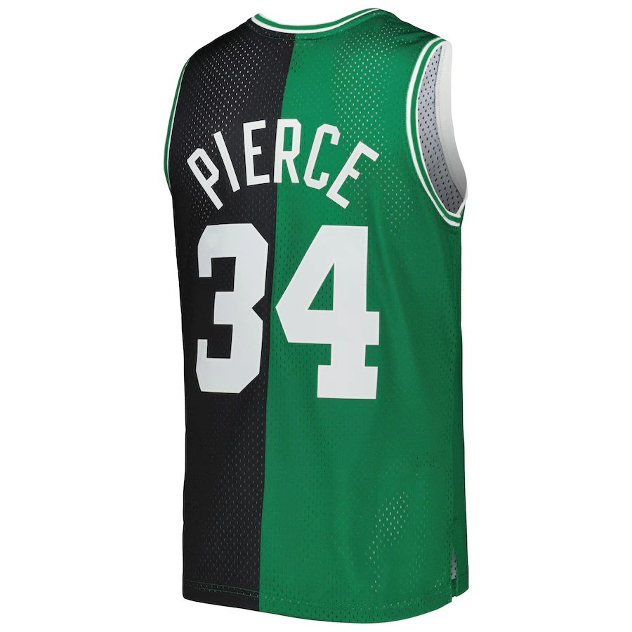 B.Celtics #34 Paul Pierce Mitchell & Ness Hardwood Classics 2007-08 Split Swingman Jersey Black Kelly Green Stitched American Basketball Jersey - Main View