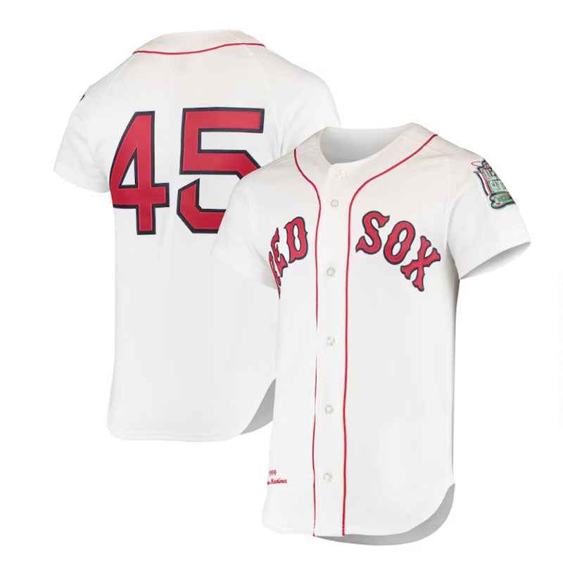 Boston Red Sox  #45 Pedro Martinez Mitchell & Ness 1999 Cooperstown Collection Home Authentic Jersey - White Baseball Jerseys - Main View