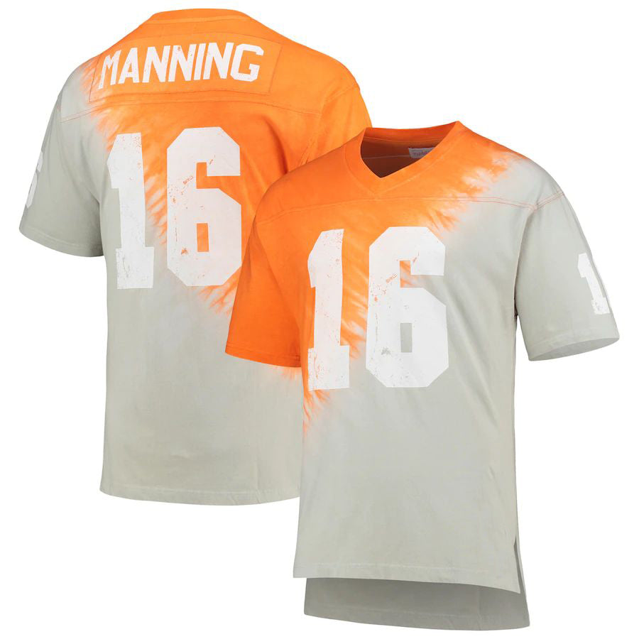 T.Volunteers #16 Peyton Manning Mitchell & Ness Name & Number Tie-Dye V-Neck T-Shirt - Gray Tennessee Orange Stitched American College Jerseys - Main View
