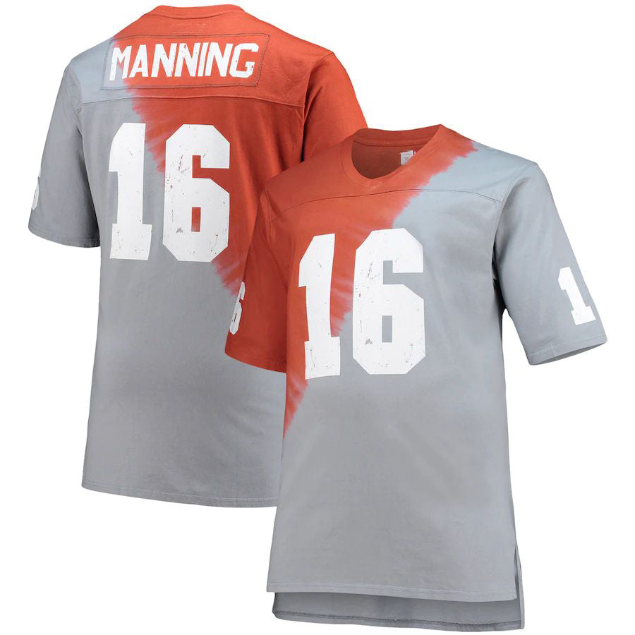T.Volunteers #16 Peyton Manning Mitchell & Ness Name & Number Tie-Dye V-Neck T-Shirt Gray Tennessee Orange Stitched American College Jerseys - Main View