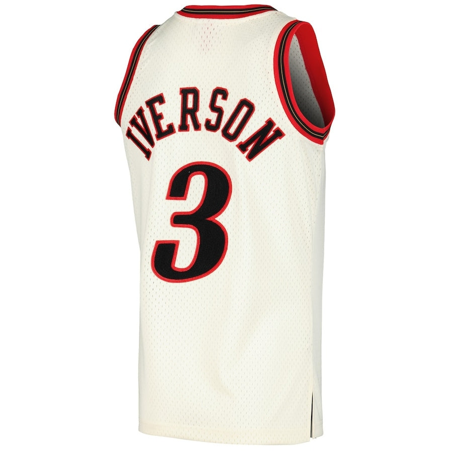 PH.76ers #3 Allen Iverson Mitchell & Ness Chainstitch Swingman Jersey - Cream Stitched American Basketball Jersey - Main View