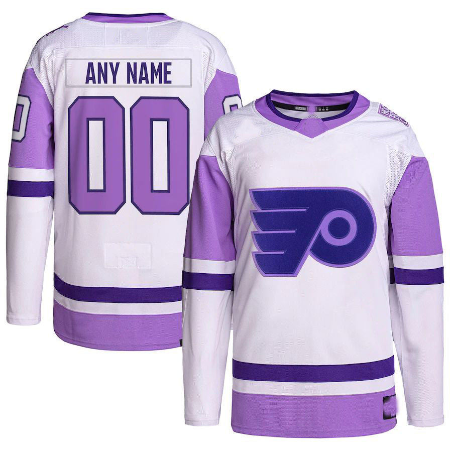 Custom P.Flyers Hockey Fights Cancer Primegreen Authentic Jersey White-Purple Stitched American Hockey Jerseys - Main View