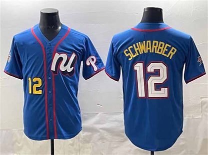 Philadelphia Phillies National League #12 Kyle Schwarber Blue 2025 All-Star Edition Limited Stitched Baseball Jersey - Main View