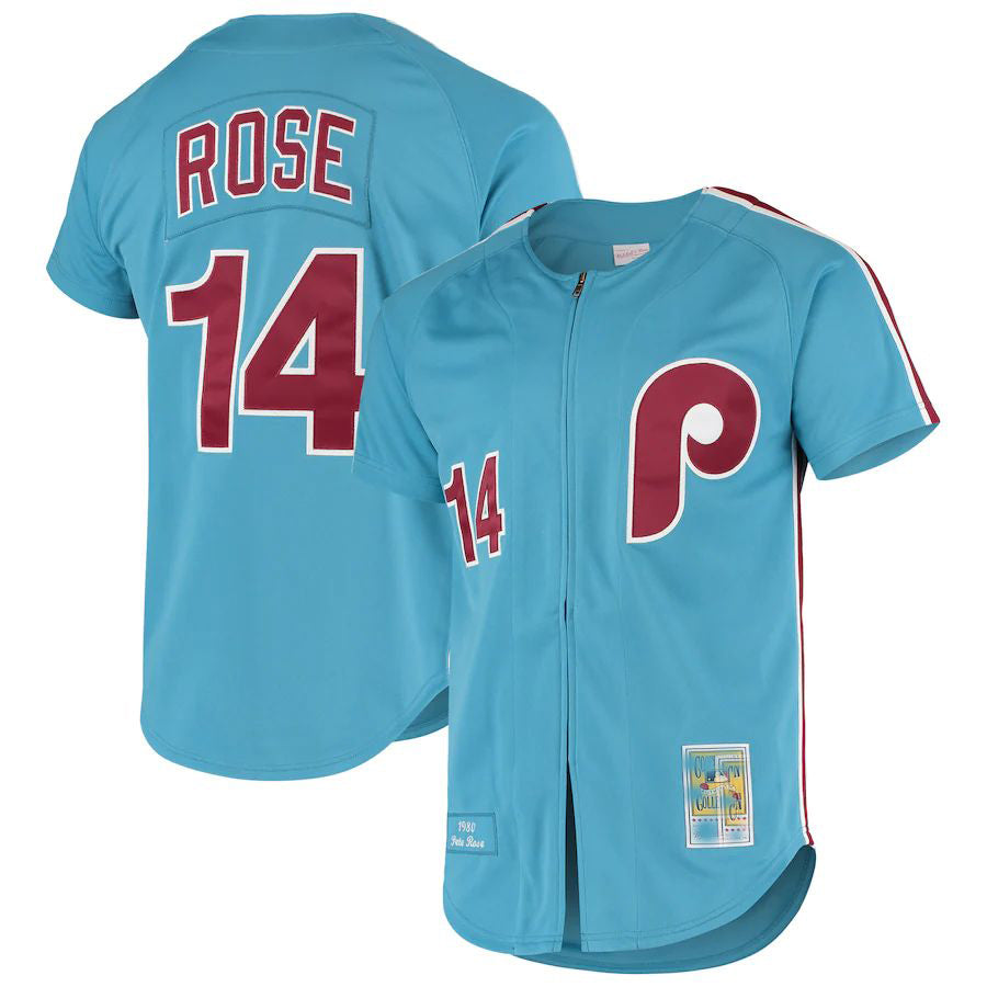 Philadelphia Phillies #14 Pete Rose Mitchell & Ness Light Blue Cooperstown Collection Authentic Jersey Baseball Jerseys - Main View