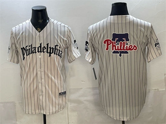 Philadelphia Phillies Team Big Logo Cream Pinstripe Gothic Vapor Limited Stitched Baseball Jersey - Main View