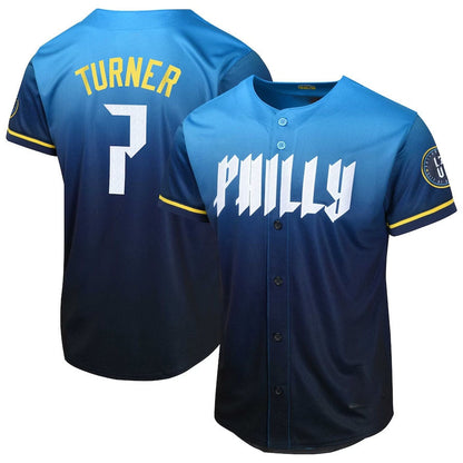 Philadelphia Phillies #7 Trea Turner 2024 City Connect Limited Player Jersey - Blue Stitches Baseball Jerseys - Main View