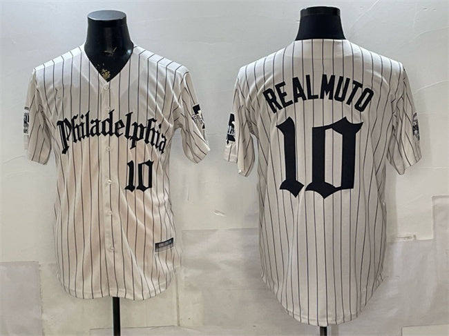 Philadelphia Phillies #10 J.T. Realmuto Cream Pinstripe Gothic Vapor Limited Stitched Baseball Jersey - Main View