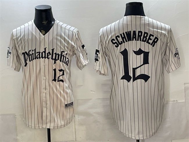 Philadelphia Phillies #12 Kyle Schwarber Cream Pinstripe Gothic Vapor Limited Stitched Baseball Jersey - Main View