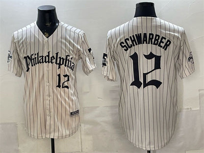 Philadelphia Phillies #12 Kyle Schwarber Cream Pinstripe Gothic Vapor Limited Stitched Baseball Jersey - Main View