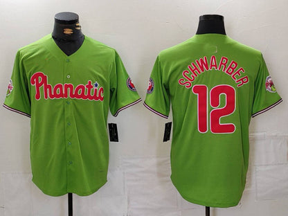 Philadelphia Phillies #12 Kyle Schwarber Green With Patch Stitched Cool Base Baseball Jersey - Main View