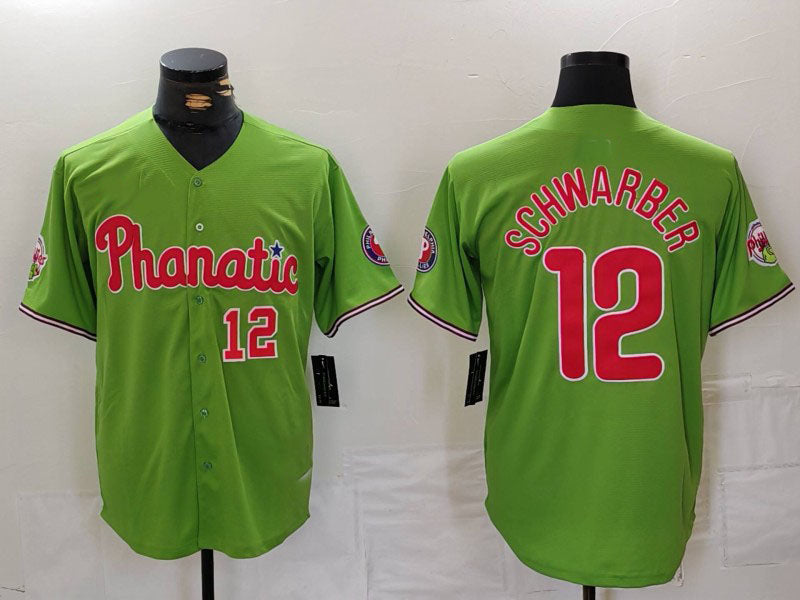 Philadelphia Phillies #12 Kyle Schwarber Number Green With Patch Stitched Cool Base Baseball Jersey - Main View