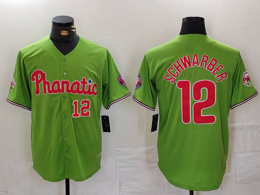 Philadelphia Phillies #12 Kyle Schwarber Number Green With Patch Stitched Cool Base Baseball Jersey - Main View