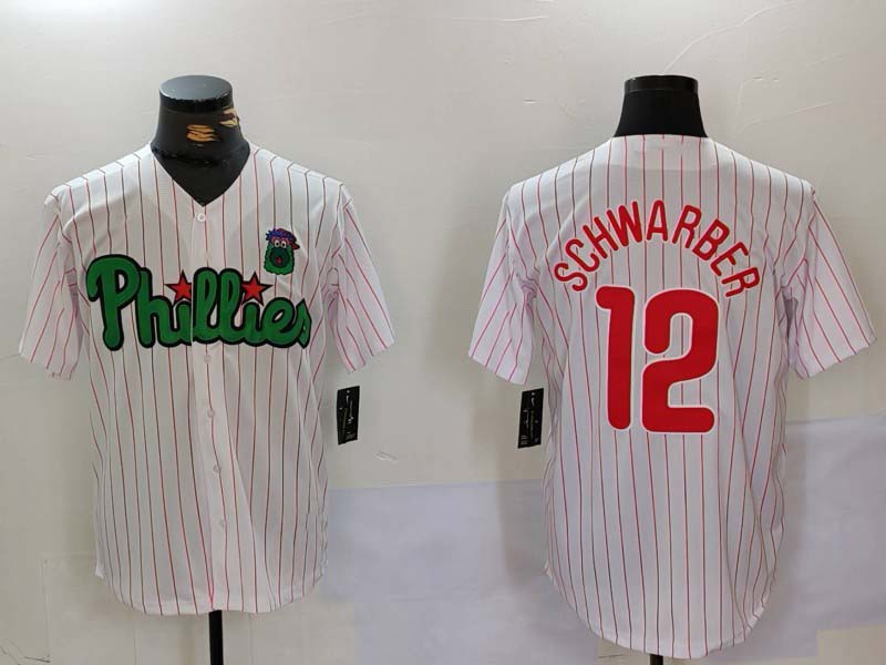 Philadelphia Phillies #12 Kyle Schwarber White Green Cool Base Stitched Baseball Jersey - Main View