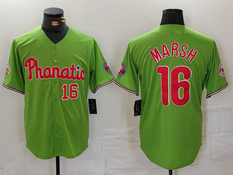 Philadelphia Phillies #16 Brandon Marsh Number Green With Patch Stitched Cool Base Baseball Jersey - Main View