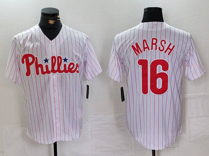 Philadelphia Phillies #16 Brandon Marsh White Pinstripe Stitched Cool Base Baseball Jersey - Main View