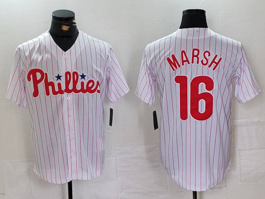 Philadelphia Phillies #16 Brandon Marsh White Pinstripe Stitched Cool Base Baseball Jersey - Main View