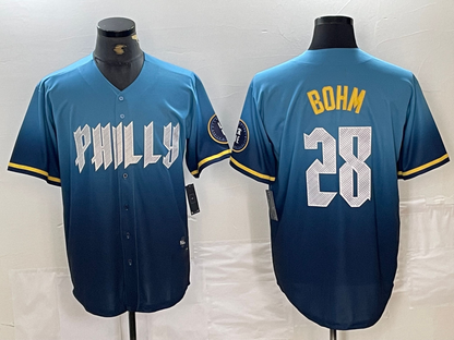 Philadelphia Phillies #28 Alec Bohm Blue 2024 City Player Number Cool Base Stitched Baseball Jersey - Main View