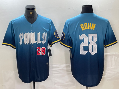Philadelphia Phillies #28 Alec Bohm Blue 2024 City Player Number Cool Base Stitched Baseball Jersey - Main View