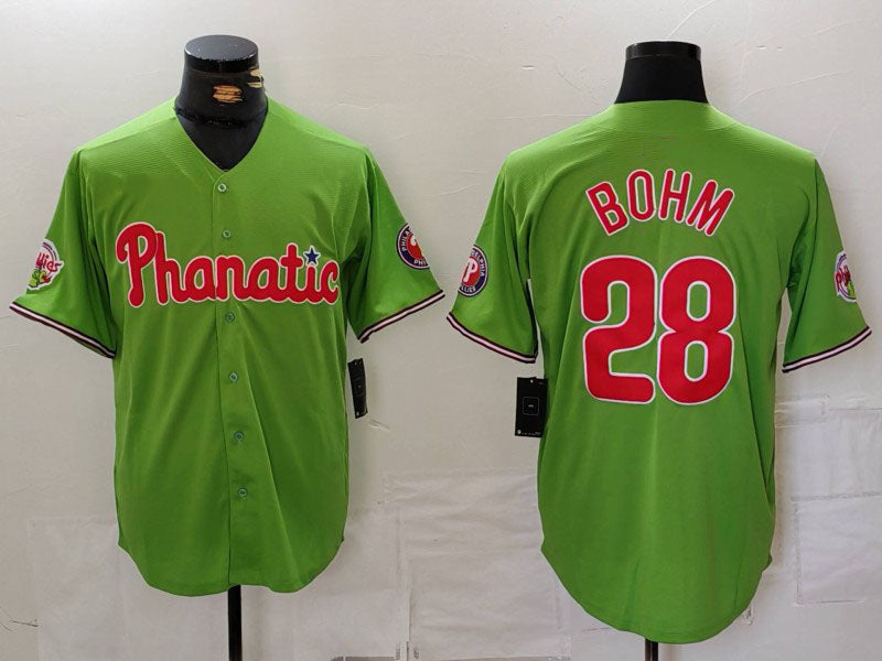 Philadelphia Phillies #28 Alec Bohm Green With Patch Stitched Cool Base Baseball Jersey - Main View