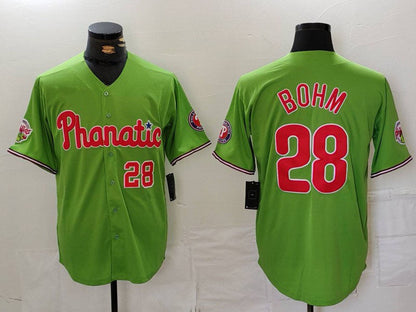 Philadelphia Phillies #28 Alec Bohm Number Green With Patch Stitched Cool Base Baseball Jersey - Main View