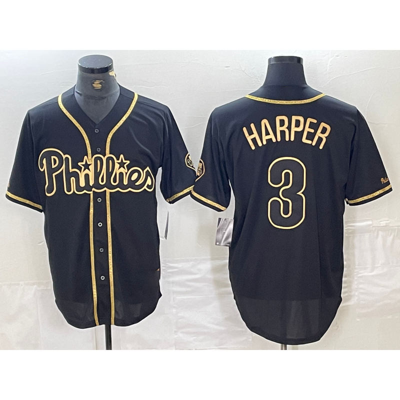 Philadelphia Phillies #3 Bryce Harper Black Gold Cool Base Stitched Baseball Jersey - Main View