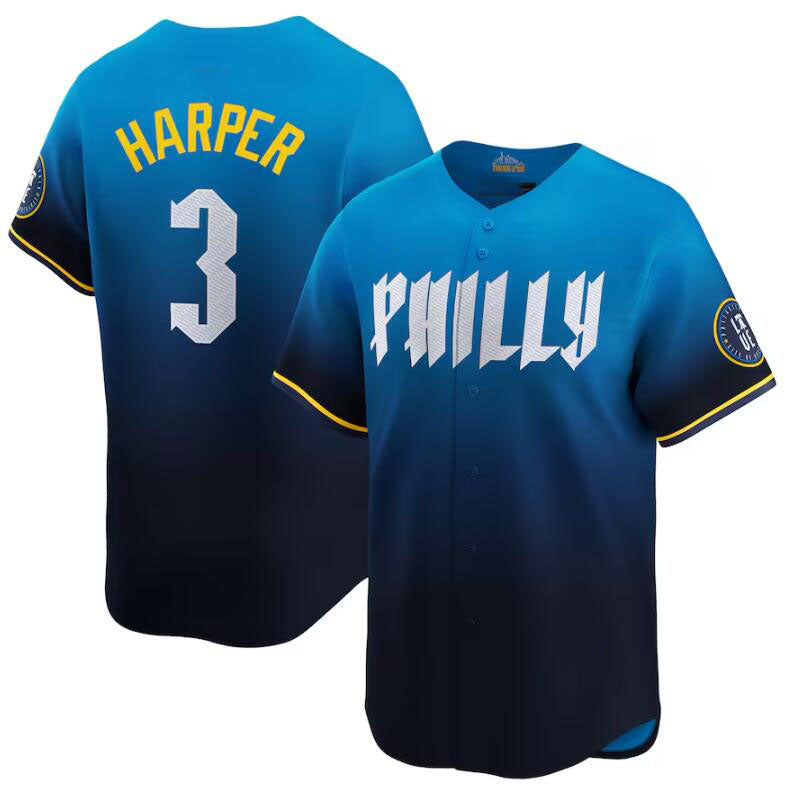 Philadelphia Phillies #3 Bryce Harper Blue 2024 City Connect Limited Stitched Jersey Baseball Jersey - Main View