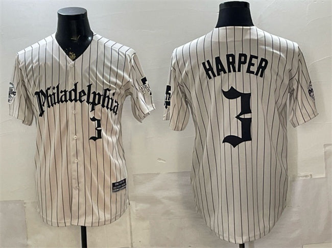 Philadelphia Phillies #3 Bryce Harper Cream Pinstripe Gothic Vapor Limited Stitched Baseball Jersey - Main View