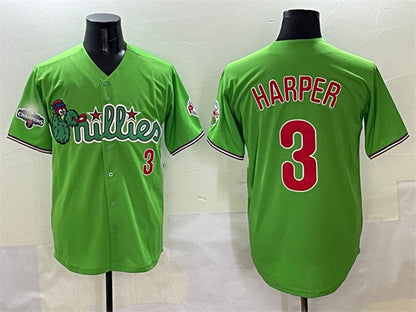 Philadelphia Phillies #3 Bryce Harper Light Green Phanatic With 2024 Division Champions Patch Limited Stitched Baseball Jersey - Main View